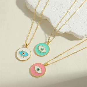 Evil eye enamel pendant necklace in pink, mint green and white with gold chain