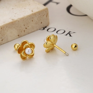 925 sterling silver flower earrings with white pearl and secure screw back closure