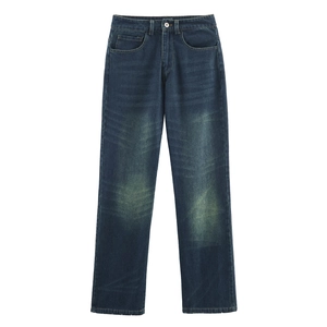 Jean en denim bleu foncé délavé pour femme avec coupe droite classique et effet d'usure