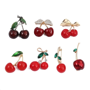 Korean Style Red Cherry Brooch For Women Alloy Rhinestone Inlaid Fruit Pins Cute Apparel Decoration Pastoral Fashion Jewelry