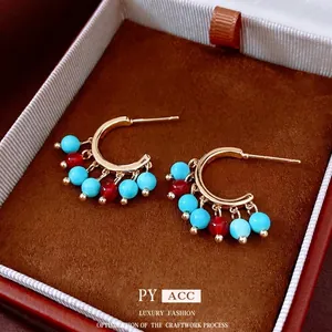 Retro C Shape Hoop Earrings 14K Gold Plated Copper With Agate Beads Silver Earring Post Ethnic Vintage Style Women