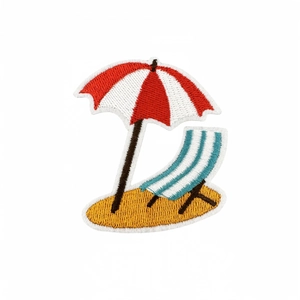Summer beach embroidery patch featuring red umbrella and chair for party decor