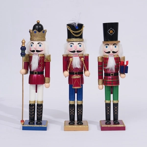 Detailed view of three 38cm wooden nutcracker soldiers with colorful hand-painted festive finish