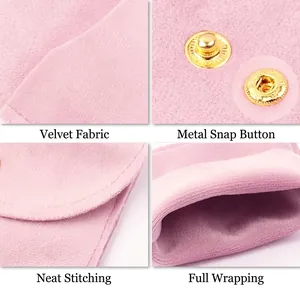 Pink velvet jewelry pouch with metal snap button showing detailed fabric and stitching