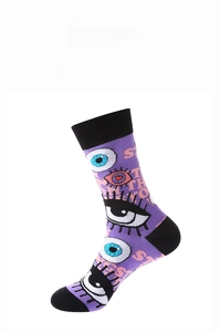 Detailed view of purple cotton socks with eye print and pink typography for streetwear