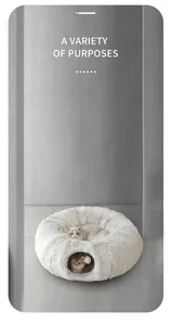 Detail of grey plush tunnel cat bed showing versatile foldable design for sleeping and playing