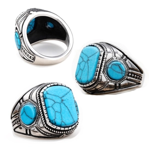 Vintage Men Signet Ring Stainless Steel Blue Turquoise Ethnic Engraved Boho Style Retro Jewelry