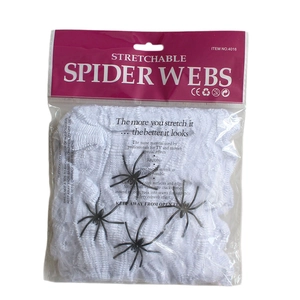 Stretchable white spider web with black plastic spiders in professional retail packaging