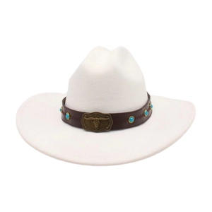 Detailed view of white felt cowboy hat with leather band and bronze bull head buckle
