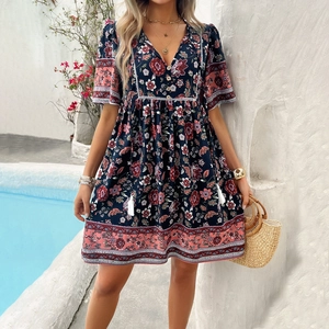 Women Bohemian Floral Print Mini Dress Viscose V Neck Short Sleeve Tassels Drawstring Casual Summer Vacation Paisley