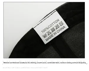 Macro view of widened cotton sweatband and 100% cotton wash label inside baseball cap