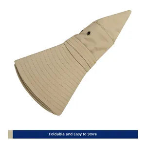 Close-up of foldable khaki sun hat featuring breathable metal eyelets and portable design