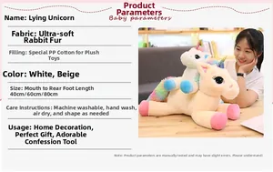 Plush rainbow unicorn toy with ultra-soft rabbit fur fabric and PP cotton filling details
