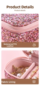 Pink sequin mini jewelry box with functional interior compartments and metal zipper detail