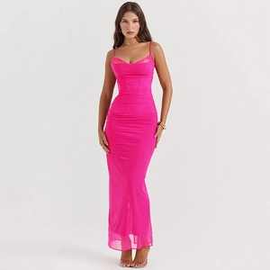 Detailed close-up of pink mesh bodycon dress with lace trim and ruched texture details