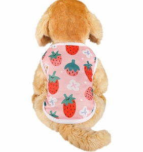 Close-up of pink dog vest with strawberry print and breathable mesh texture for summer