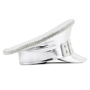 Silver mirror captain hat with sparkling rhinestones and BRIDE pearl lettering decoration