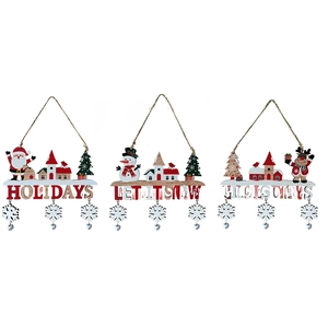 Three wooden Christmas hanging signs featuring Santa, snowman, and reindeer designs