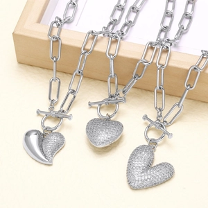 Silver paperclip link necklace with pavé heart pendant and OT toggle clasp