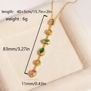 Hip hop square colorful crystal pendant necklace with gold chain and heart gemstone