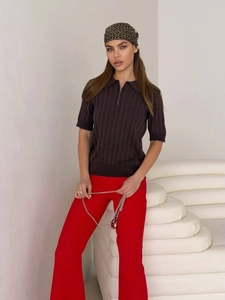 Women's dark brown knit polo shirt with half-zipper and retro jacquard short sleeves