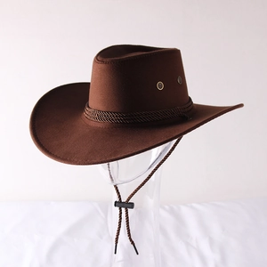 Dark brown suede western cowboy hat with wide brim and adjustable chin strap