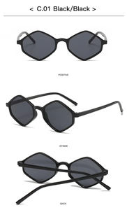 Three-view display of black irregular diamond sunglasses showing front and side angles