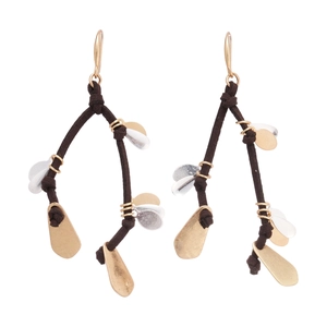 Boho drop earrings with dark brown suede cord and gold silver leaf sequins on white backdrop