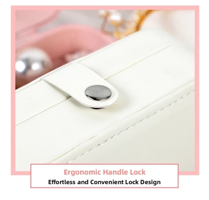 Detailed close-up of a white leather jewelry box featuring a silver metal handle lock