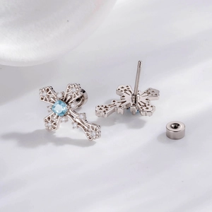 Vintage silver hollow cross cartilage stud earrings with light blue square gemstone