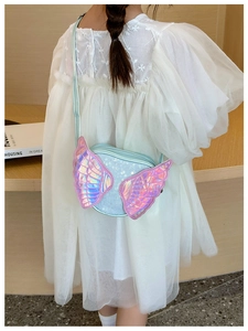 Detail of light blue sequined butterfly wings crossbody bag for kids with fine strap