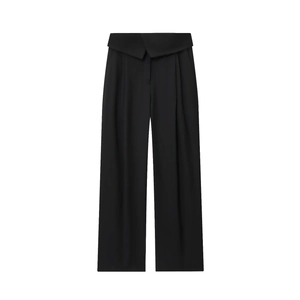 Women High Waist Wide Leg Pants Asymmetrical Fold Over Waist Twill Polyester Casual Straight Trousers Black Office Style