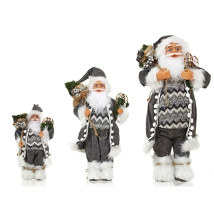 Three striped Nordic Santa figurines in varying sizes with silver and grey knit finish