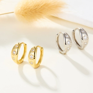 S925 silver starburst hoop earrings with micro-set zircon in gold and silver finishes