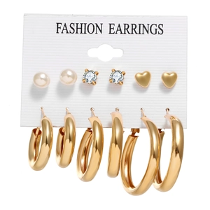 6-pair set of gold fashion earrings with pearls, rhinestones, and geometric hoops