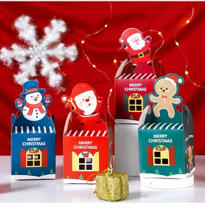 Close-up of colorful Christmas gift boxes with Santa and snowman patterns in festive decor
