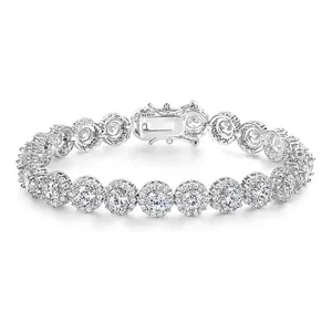 Round Halo Tennis Bracelet Gold Plated Cubic Zirconia Cluster Link Luxury Fashion Jewelry For Women Men