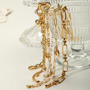 18k gold plated stainless steel layered bracelet with star moon heart charms and pearls