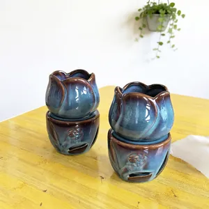 Tulip-shaped ceramic oil burner set with kiln-transformed blue and brown glaze finish