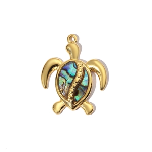 Detailed view of a golden turtle pendant with iridescent abalone shell inlay detail