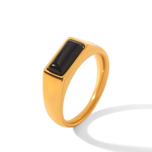 Macro view of a gold stainless steel ring featuring a sleek rectangular black inlay