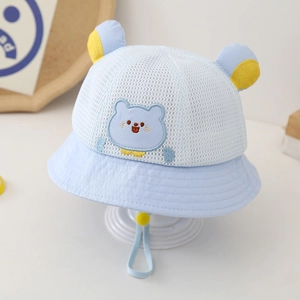Detail of light blue mesh baby sun hat with cute yellow bear ears and breathable fabric