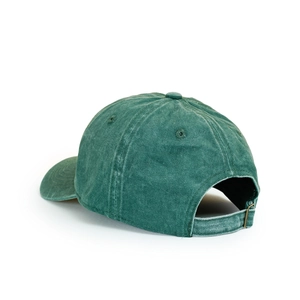 Detail of dark green washed cotton baseball cap featuring adjustable metal buckle