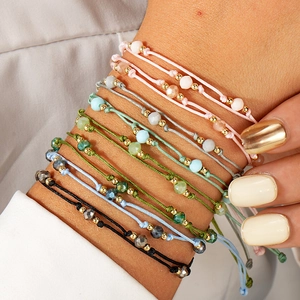 Layered Braided Rope Bracelet Faceted Crystal Gold Metal Beads Adjustable Bohemian Minimalist Handmade Jewelry Women