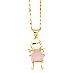 Minimalist gold necklace with a cartoon girl pendant and pink heart stone