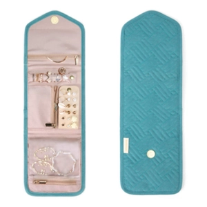 Organizador de joyas de viaje acolchado verde azulado con interior rosa dividido