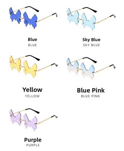 Detail view of rimless butterfly sunglasses in various gradient lens colors and metal frames