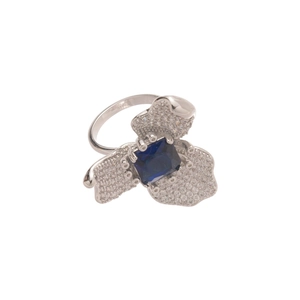 Bague fleur de luxe avec zircon bleu et cristaux argentés pour femmes