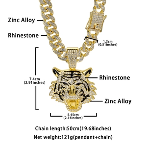 Detailed specs of gold tiger head pendant with alloy chain and rhinestone dimensions