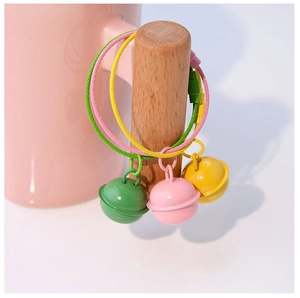 Detail of colorful paint bells with plastic-coated wire rings on a wooden handle